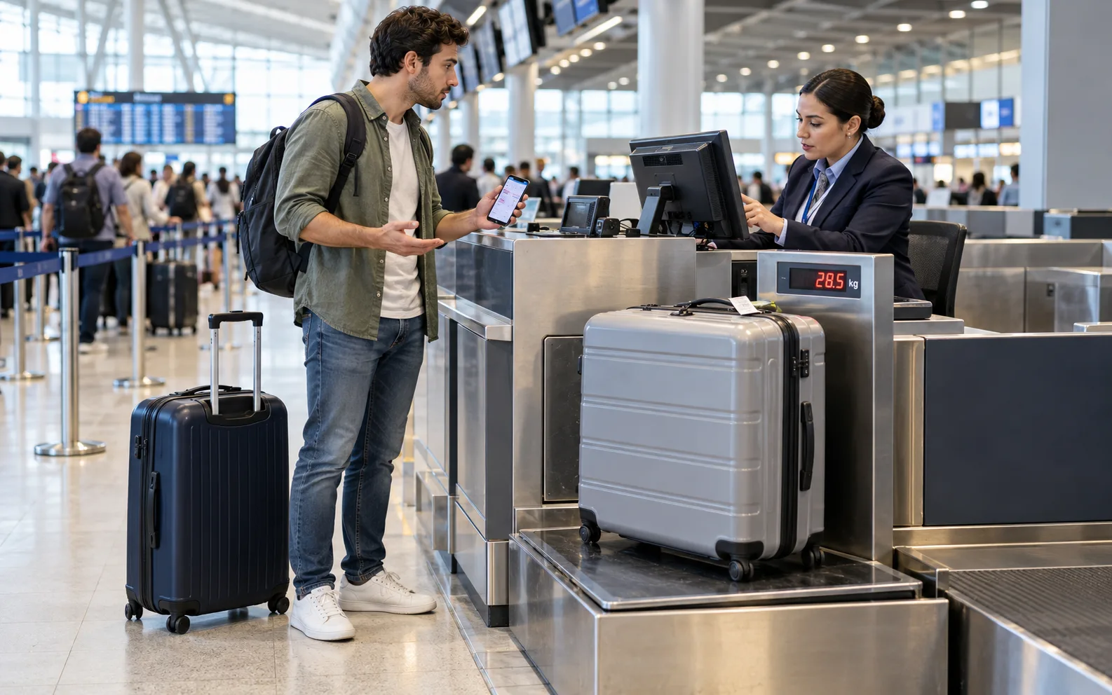 Traveler at an airport baggage counter checking an overweight or extra suitcase after a third-party China Eastern booking