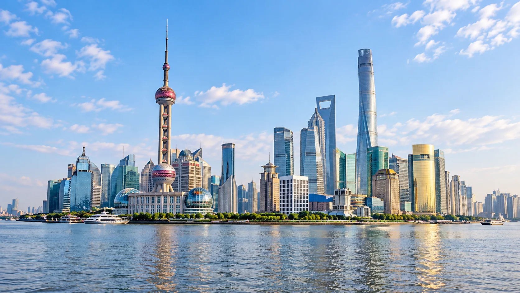 AI-generated illustration of the Shanghai Huangpu River and skyline in daylight