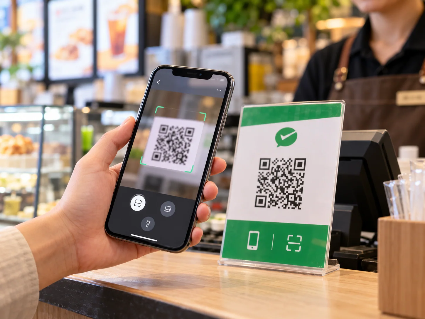 AI-generated illustration of a phone scanning a merchant QR-payment placard