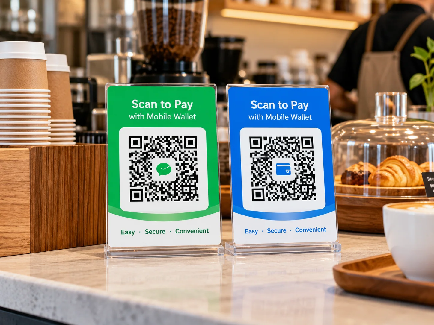 AI-generated illustration of green and blue QR-payment signs at a café counter