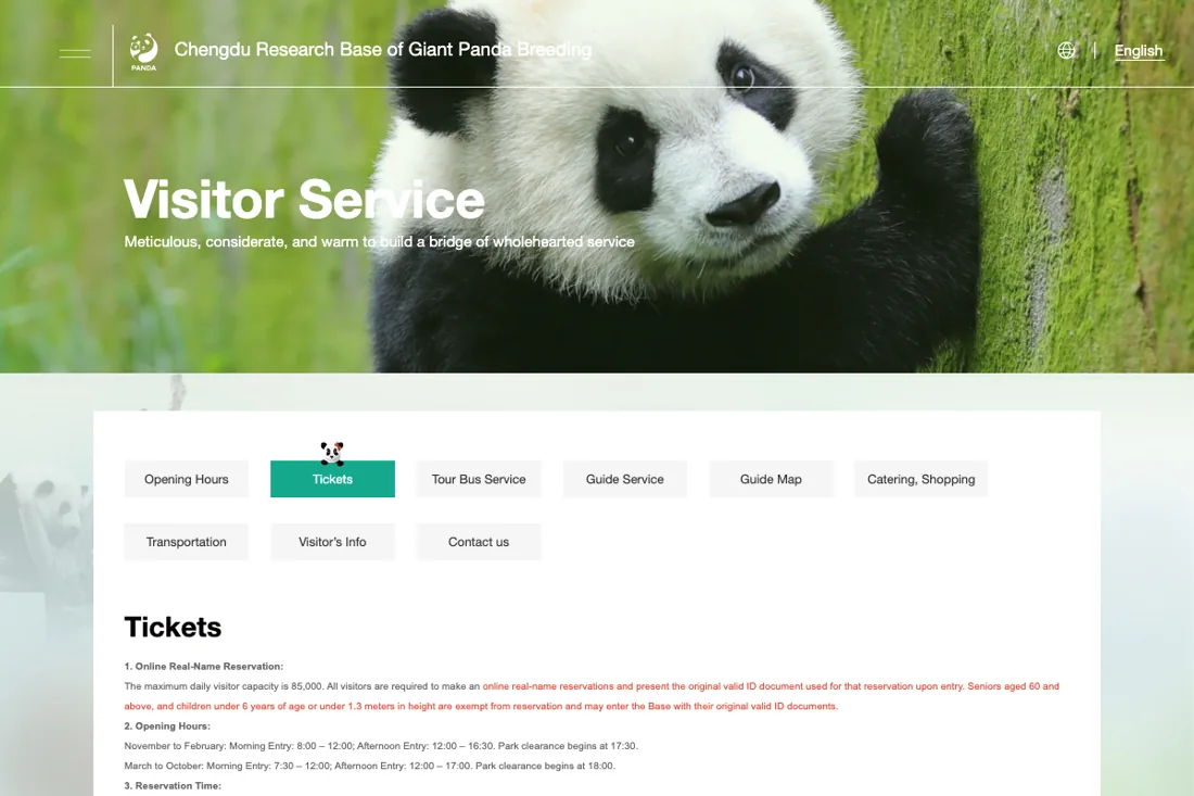 Official public information page for Chengdu Panda Base official English ticket instructions