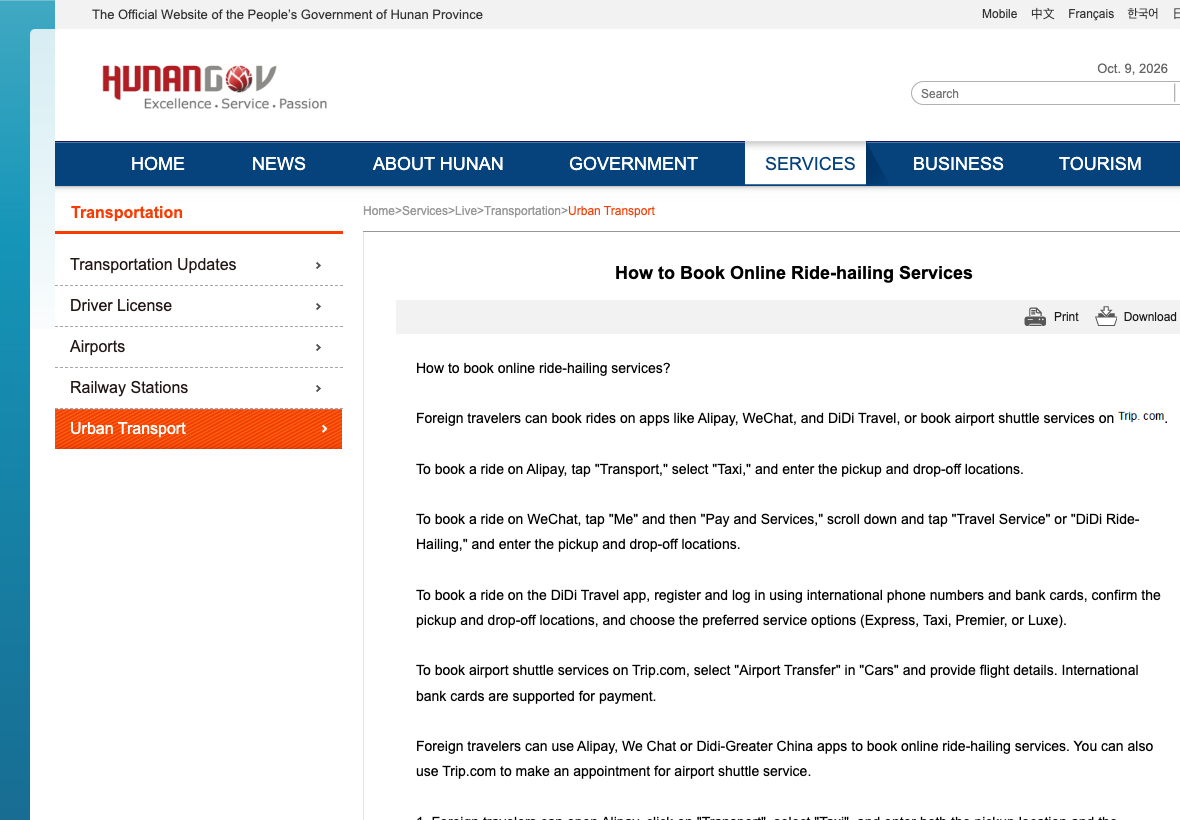 Hunan government English-language steps for foreign visitors using online ride-hailing apps in China
