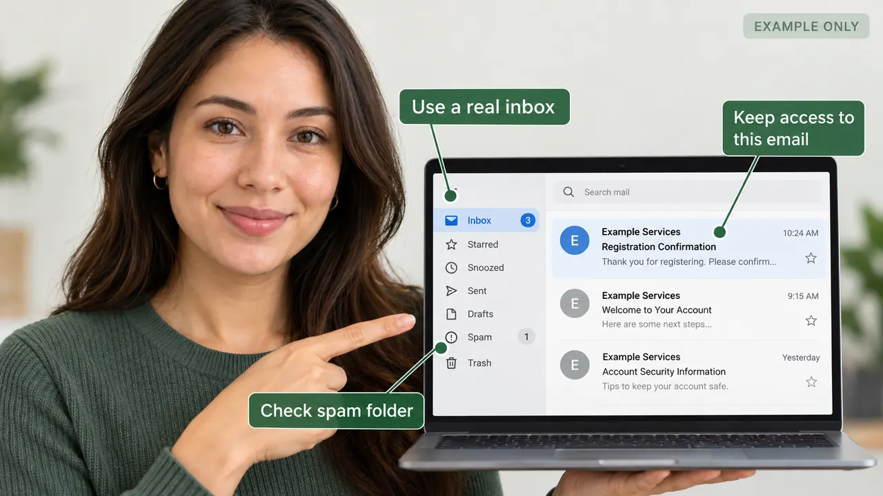 AI-generated photograph showing a sample email inbox with fictional registration message and spam folder