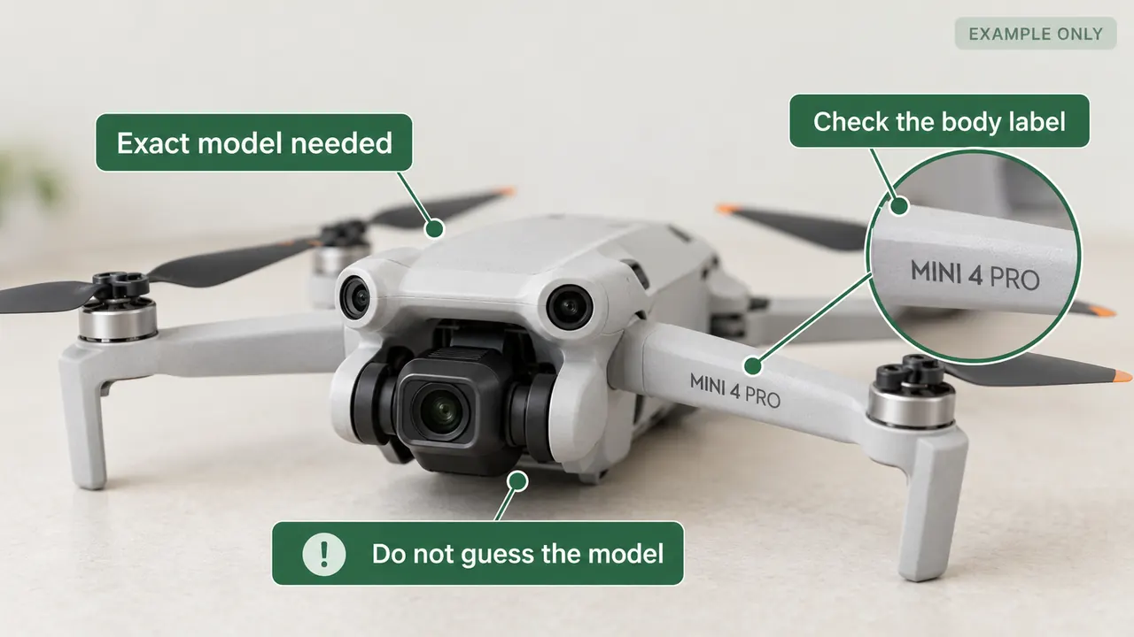 AI-generated photographic drone model reference with MINI 4 PRO printed on the aircraft arm and enlarged detail