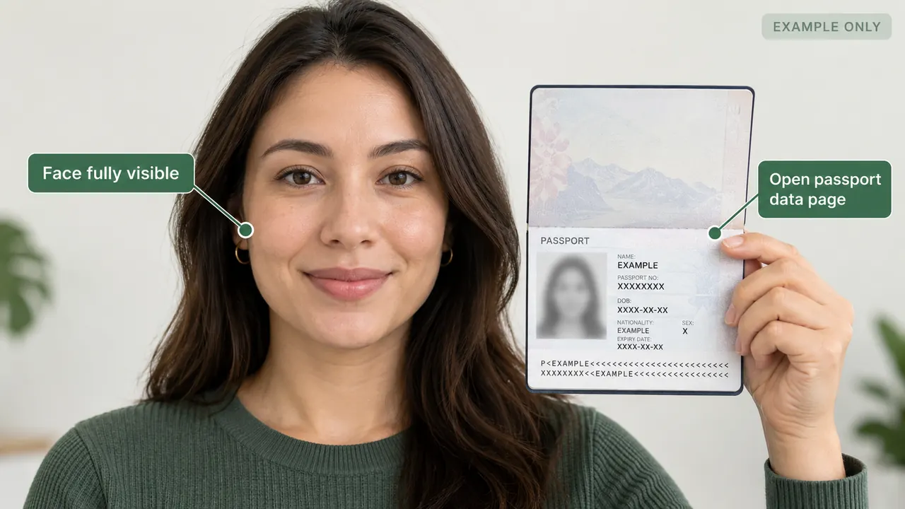 AI-generated photographic example: face fully visible next to an OPEN passport data page with all personal details replaced by EXAMPLE or X characters