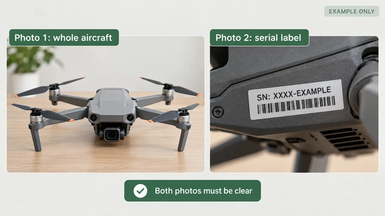 AI-generated sample photo showing side-by-side whole-aircraft view and sharp close-up of aircraft serial label, as the two photo files to prepare