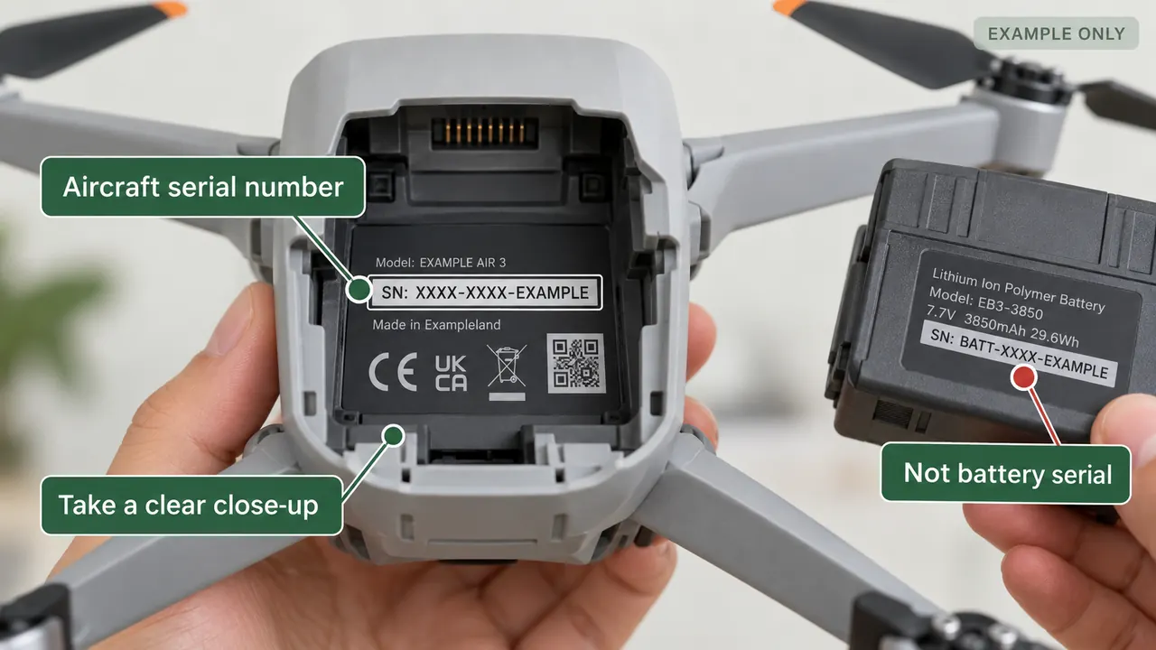 AI-generated photographic aircraft serial-label example contrasting aircraft SN XXXX-EXAMPLE and battery SN BATT-XXXX-EXAMPLE