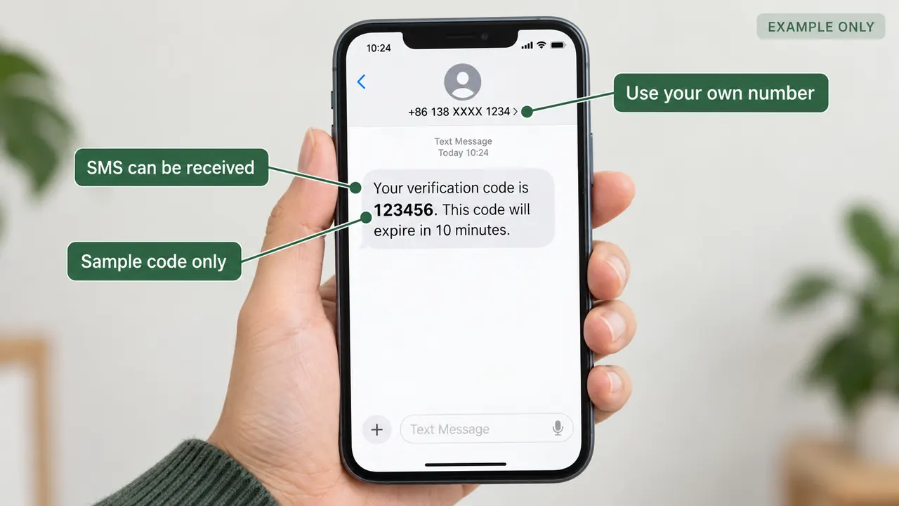 AI-generated photographic phone example showing an SMS verification message with a sample code and an obscured +86 phone number