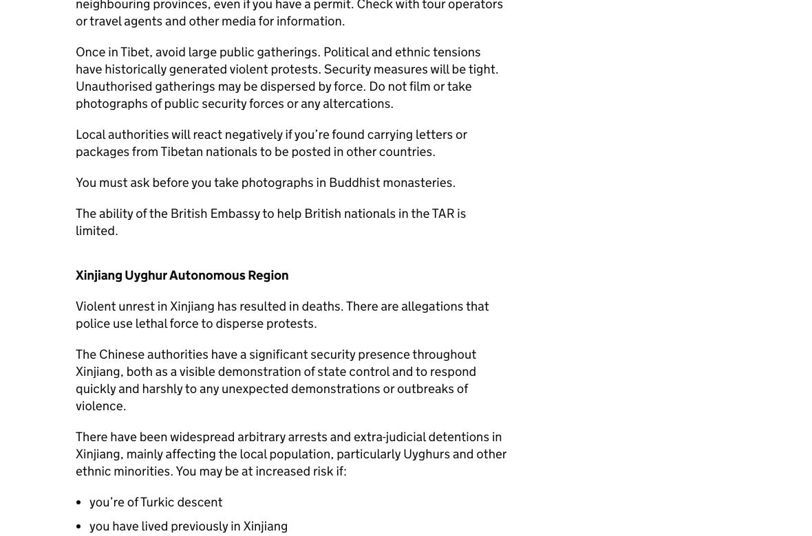 UK Foreign Office official mainland China regional risk advice for visitors including Xinjiang