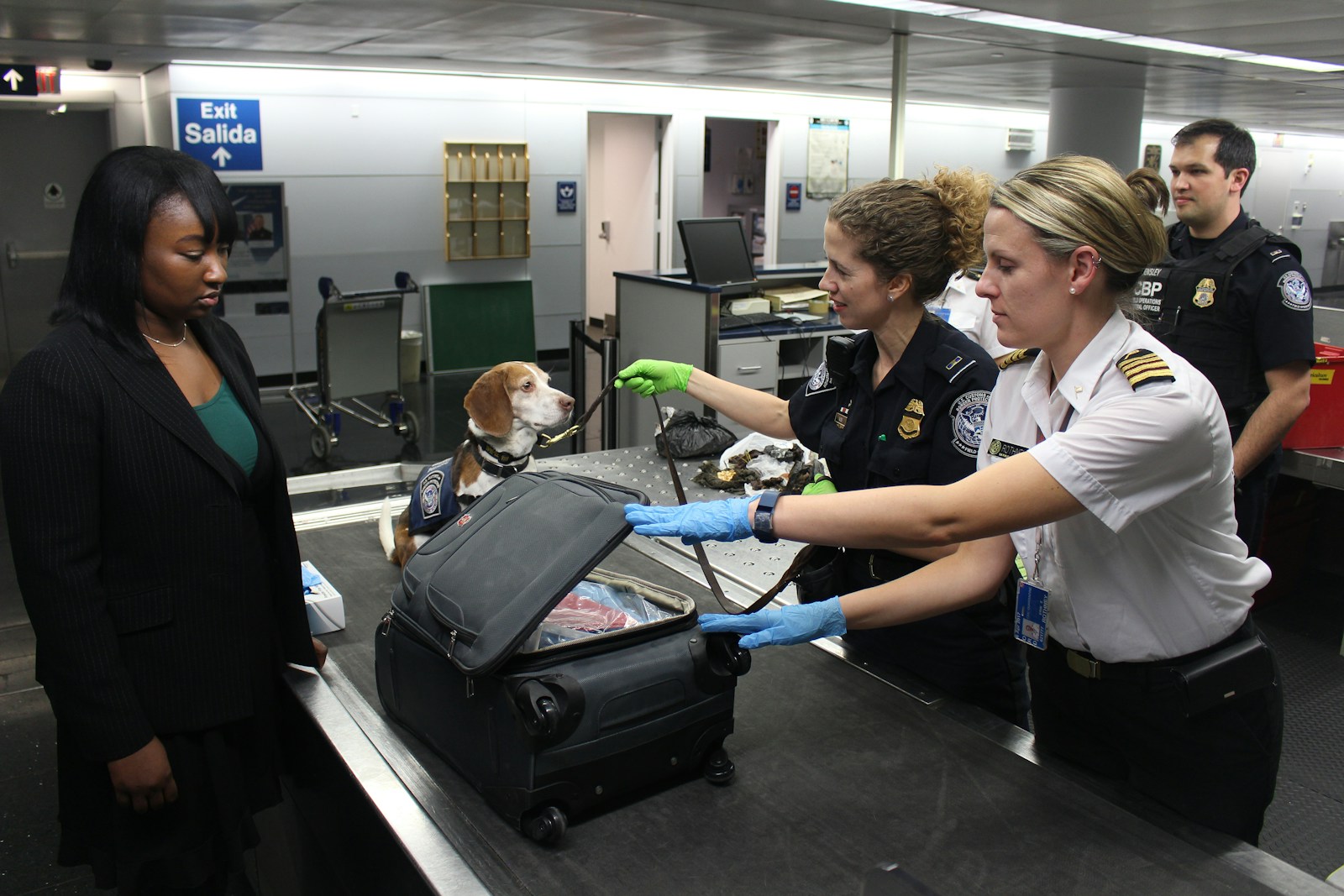Illustrative airport baggage inspection scene